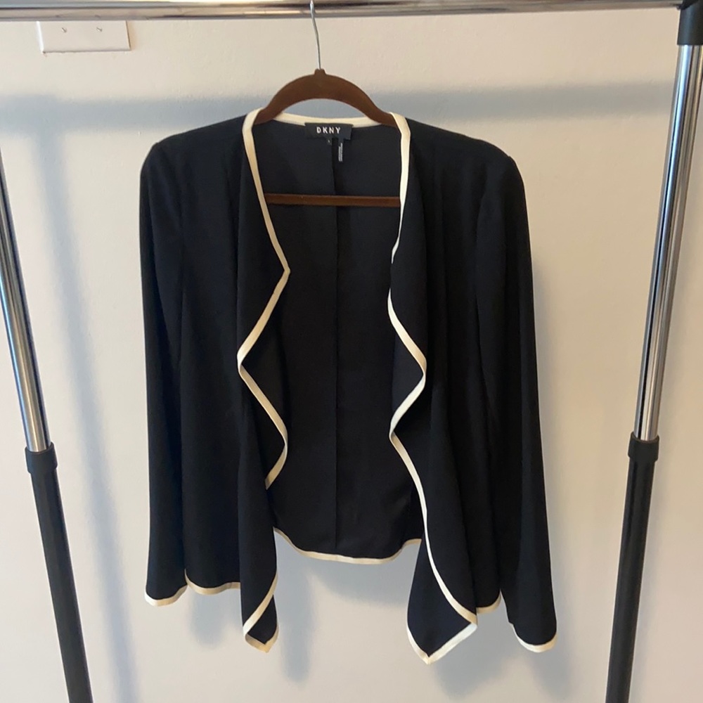 DKNY, small, black blazer with white trim.